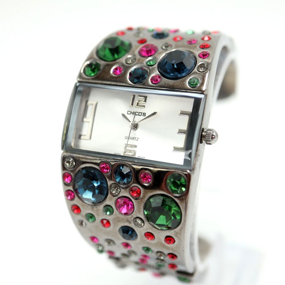 Chico's Womens Jewel Cuff Watch 32mm Blue Green Pink Gems Bangle w New Battery